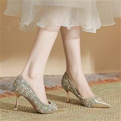 H763-17羊皮垫拼色高跟鞋女2023春夏新款女鞋编制布面细跟单鞋女