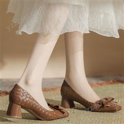 H5623-8编织面格子纹粗跟高跟鞋方头皮带扣女鞋不掉跟浅口羊皮垫