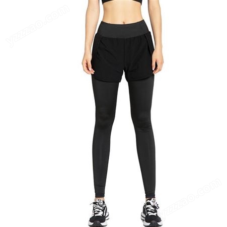速干假两件口袋瑜伽裤女新款弹力高腰提臀跑步健身长裤运动紧身裤