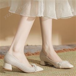 H673-10格子纹布料方头高跟鞋一字带串珠粗跟夏季女鞋法式时尚潮