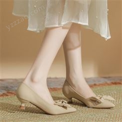 H355-5羊皮垫尖头高跟鞋女兔子扣大蝴蝶结软皮奶奶鞋日常纯色单鞋