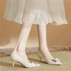 H579-22羊皮垫纯色高跟鞋女小众矮跟单鞋春夏显瘦显腿长水钻女鞋