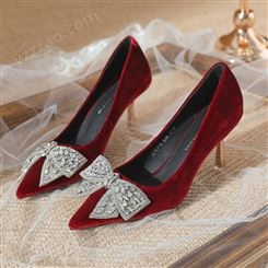 红色婚鞋女秀禾服两穿细高跟新娘鞋2022新款水钻蝴蝶结中式礼服鞋