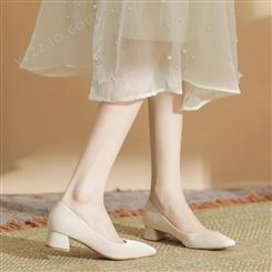 H673-15羊皮内垫法式通勤高跟鞋女软皮粗跟纯色小香风女鞋工作鞋