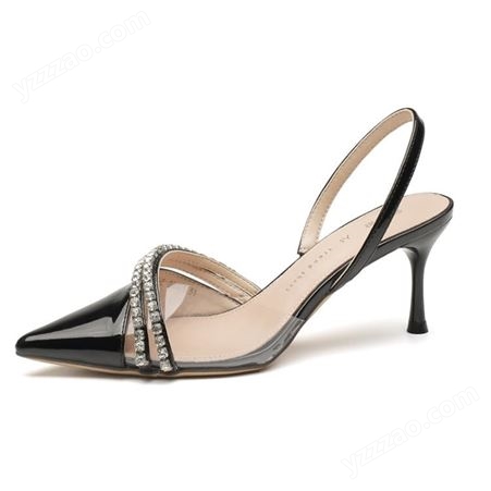 H1933-2银色PVC拼接半包头高跟凉鞋钻带细跟气质小甜美女凉鞋夏季